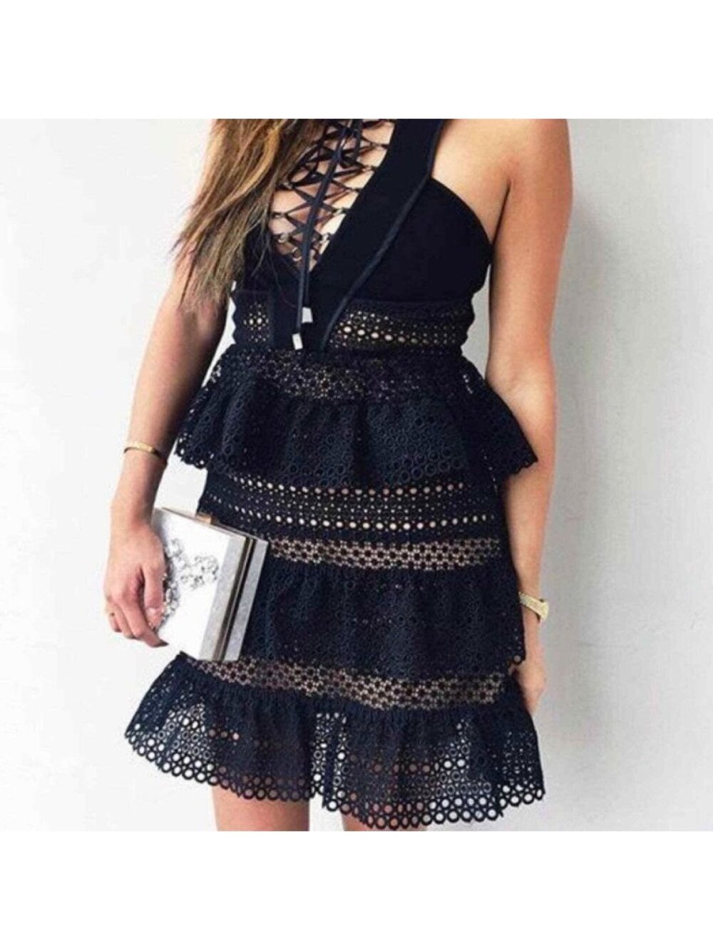 Self Portrait Lace Up Tiered Dress in Black - Picture 15 of 15